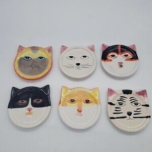 Vintage BANDWAGON  HAND PAINTED six piece kitty cat coaster set